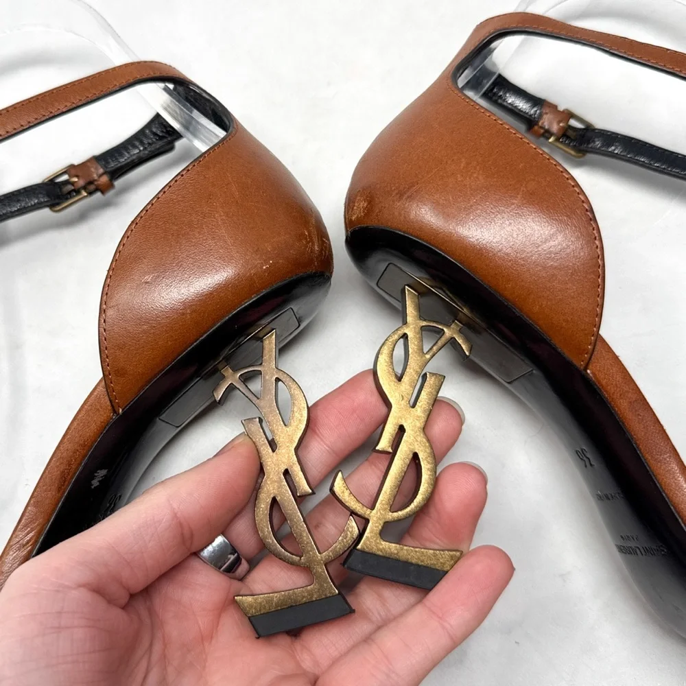 Saint Laurent Opyum 85 Leather YSL Cassandre Monogram Metal Heel Sandal Brown 36 - Picture 7 of 16